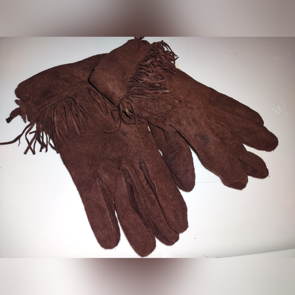 Vintage brown leather Fringe gloves
